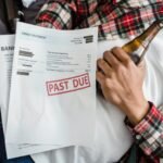 A man relaxes with a beer bottle while holding past due bills, highlighting financial stress.